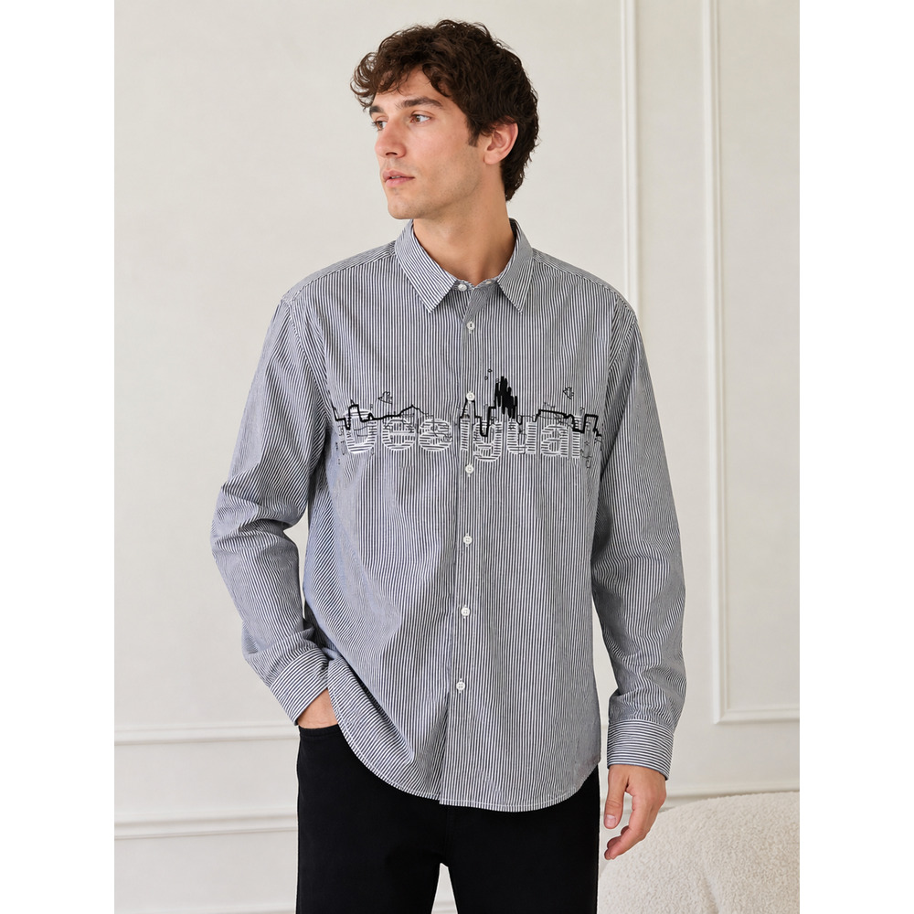 Desigual Mens XXL Striped Button Down Shirt Long Sleeve City Skyline Graphic NWT